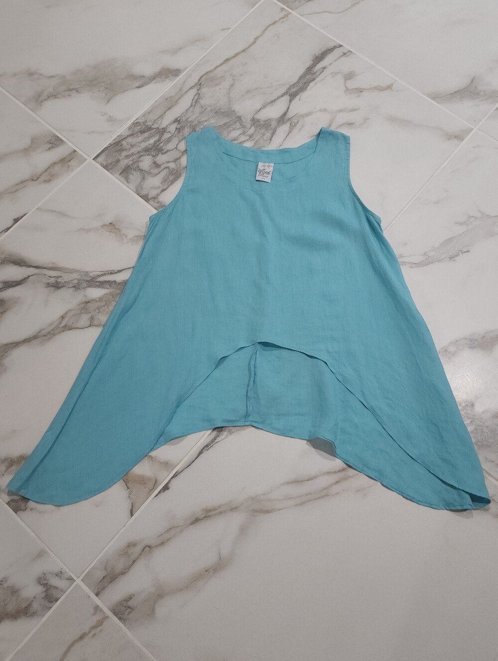 100% Linen Light Blue Sleeveless High-Low Tank Top - Match Point